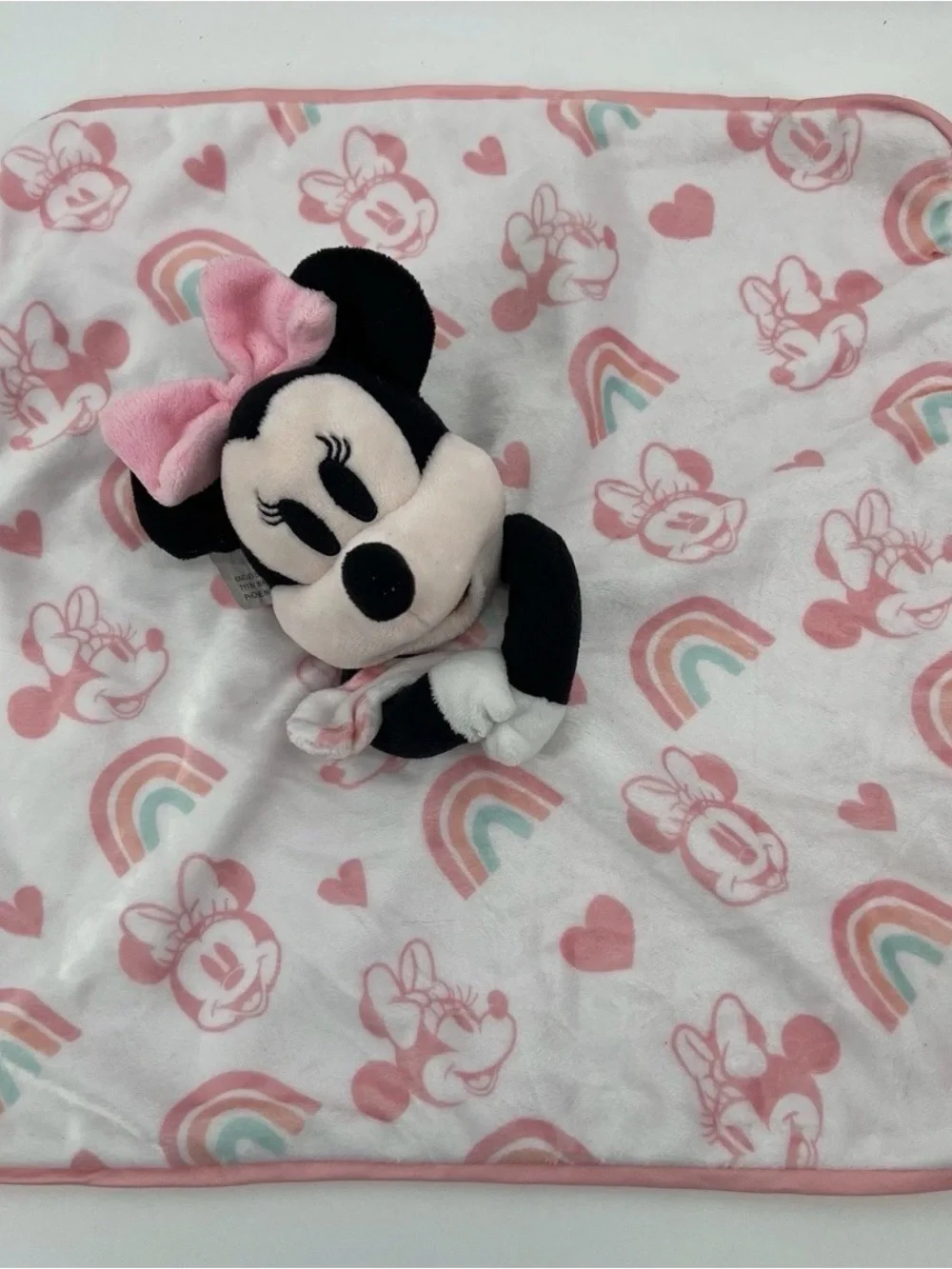Disney Baby Minnie Mouse Lovey Pink Rainbow Security Blanket Plush Animal Heart